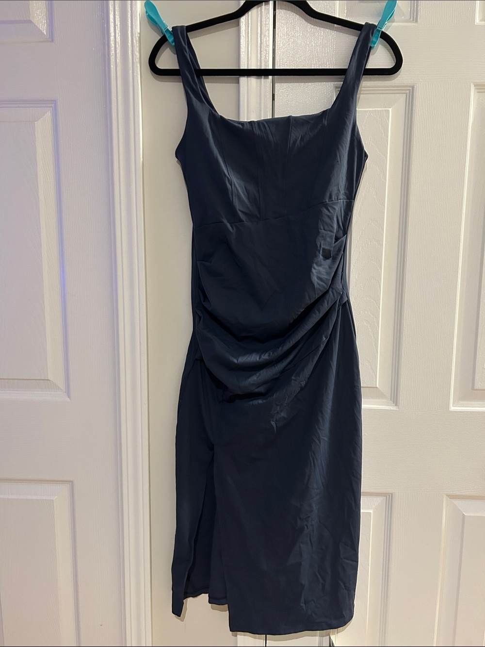 HALARA Navy Blue Midi Sheath Dress with Draped Side